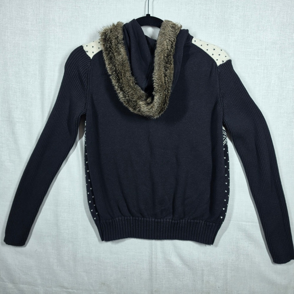 Tommy Hilfiger Full Zip Sweater Womens Medium Navy Fair Isle Faux Fur Hood - Picture 2 of 9